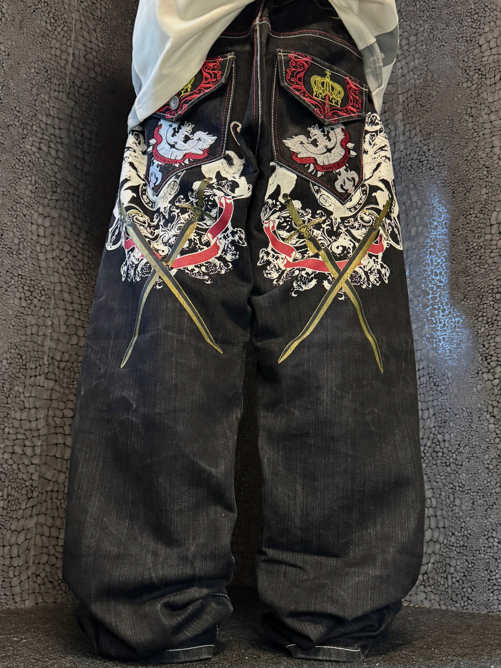 [V0863de] Vintage y2k Attitude Gold schwarze baggy jeans