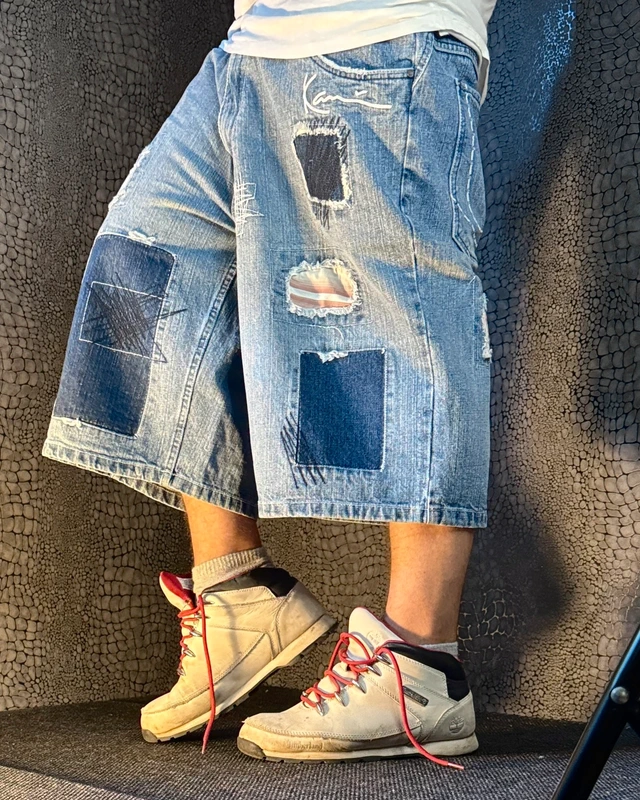 [V0660de] Vintage y2k Karl Kani blaue baggy jeans shorts