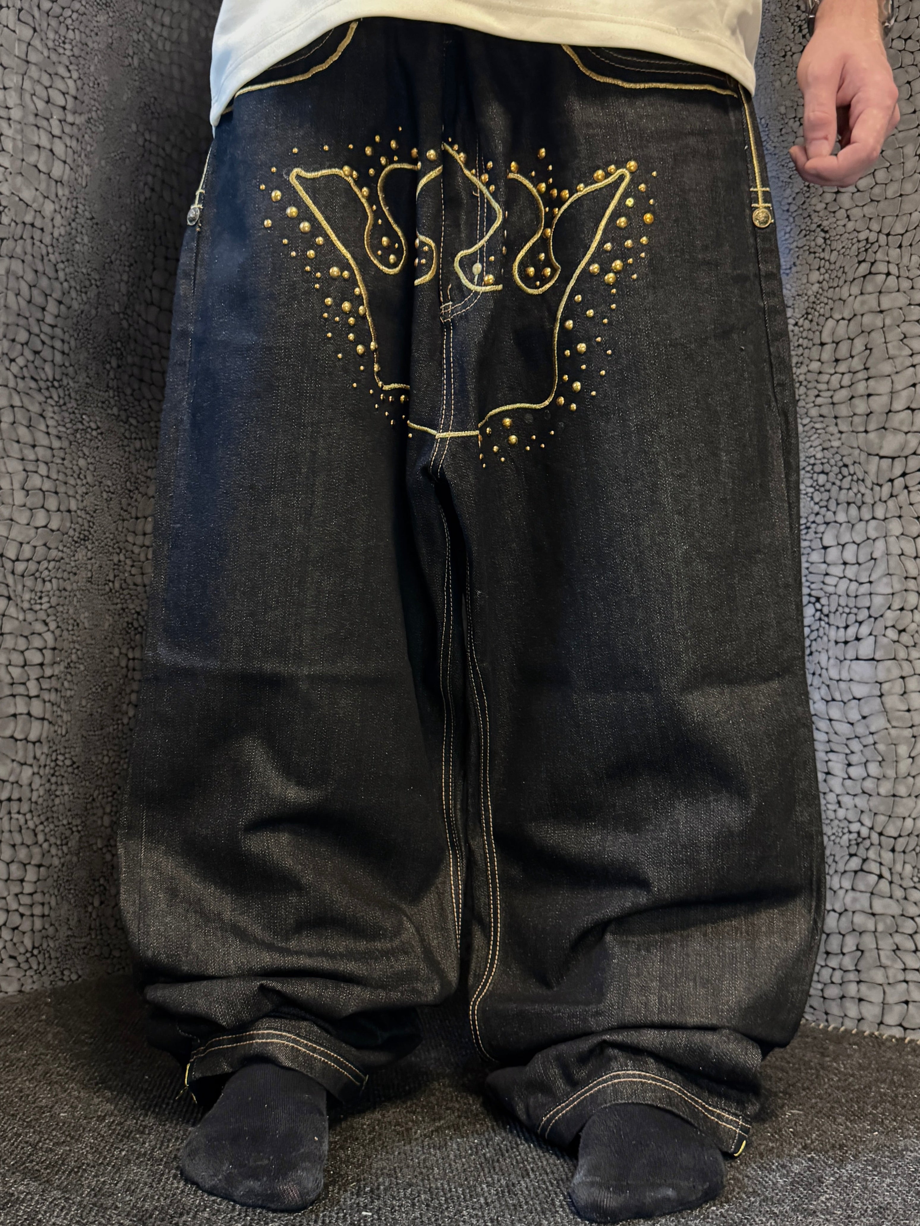 [V0861de] Vintage y2k Crownholder schwarze baggy jeans
