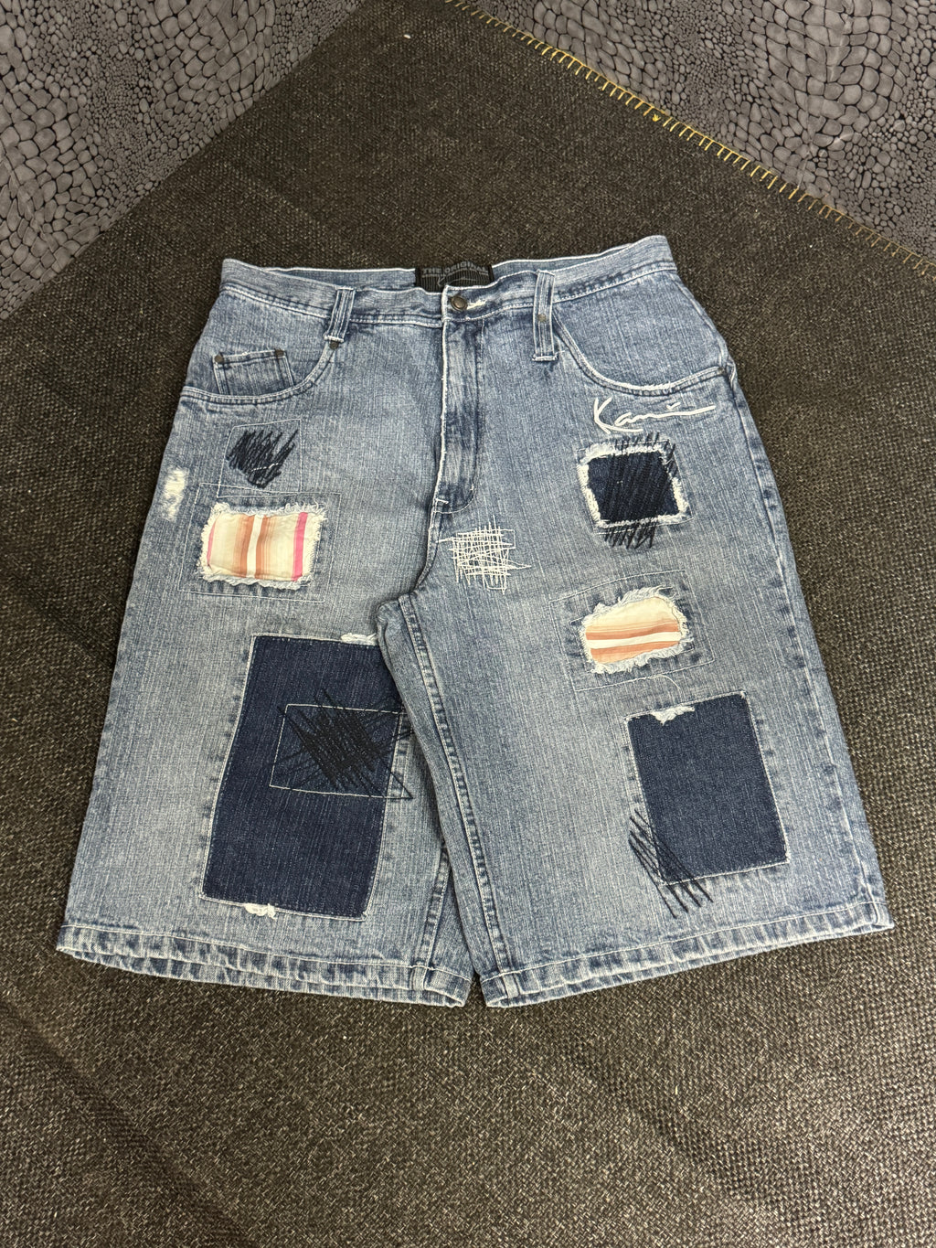 [V0660de] Vintage y2k Karl Kani blaue baggy jeans shorts