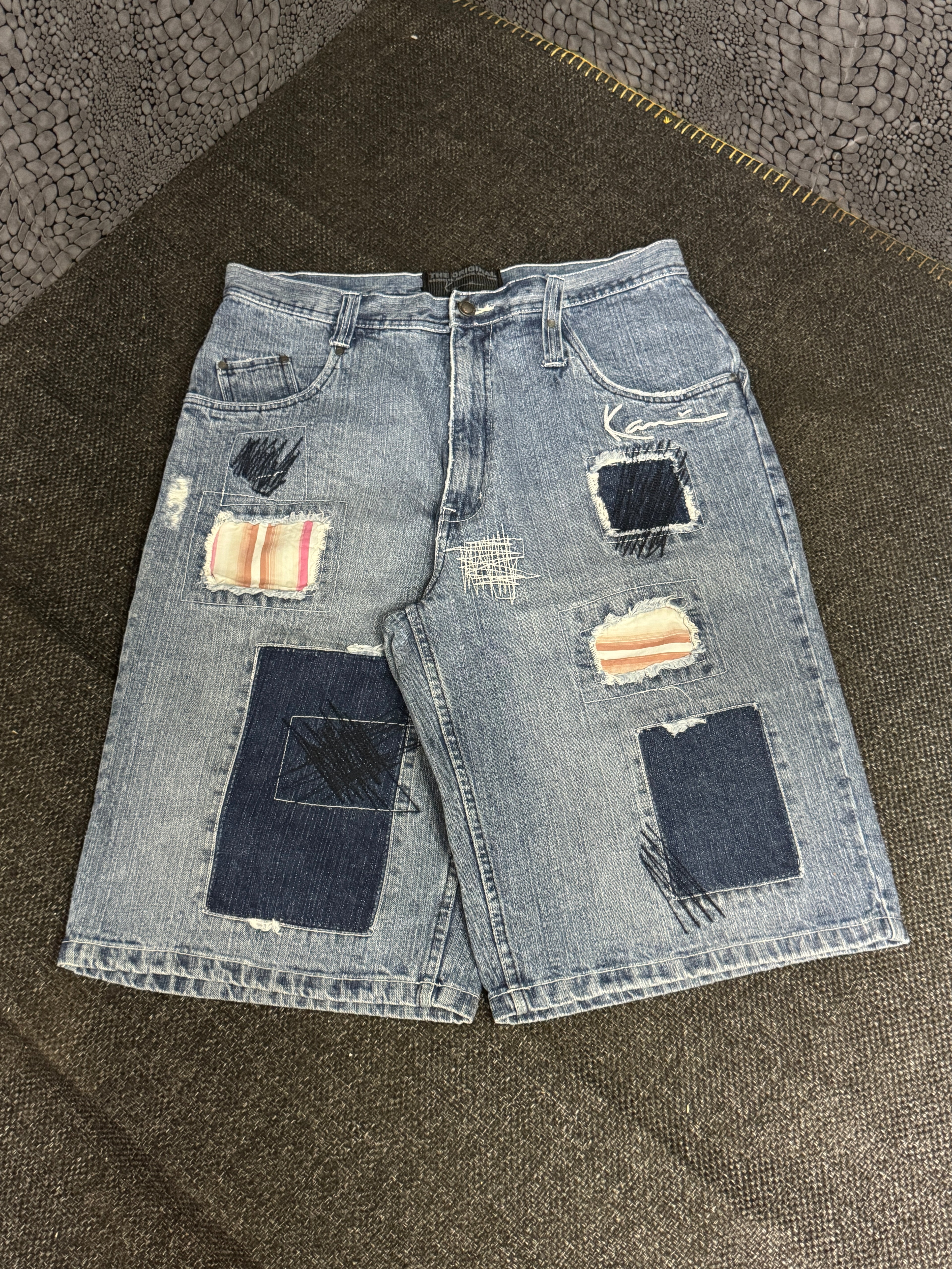 [V0660de] Vintage y2k Karl Kani blaue baggy jeans shorts