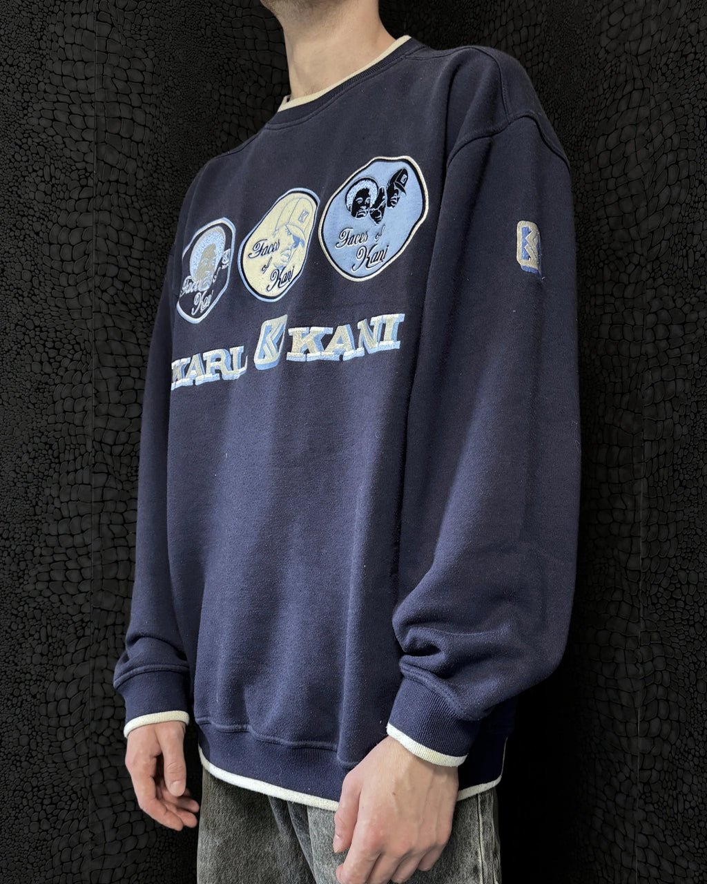 [V0820de] Vintage y2k Karl Kani blu navy Sweatshirt (Faces of Kani)
