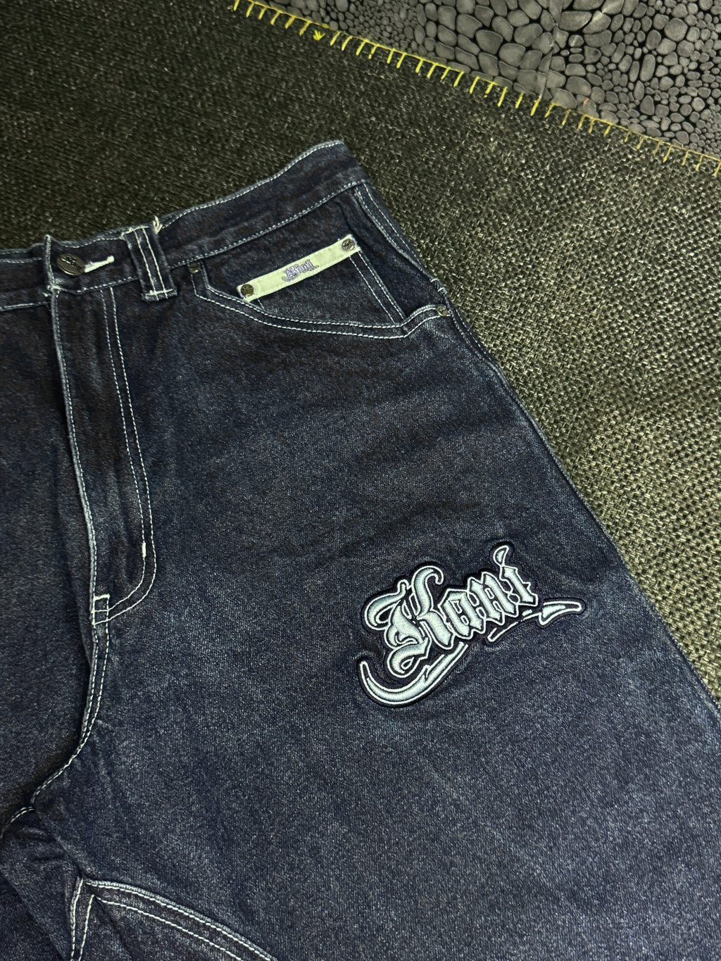 [V0758de] Vintage y2k Karl Kani marineblaue baggy jeans shorts (Street Lyrics - Original Citywear)