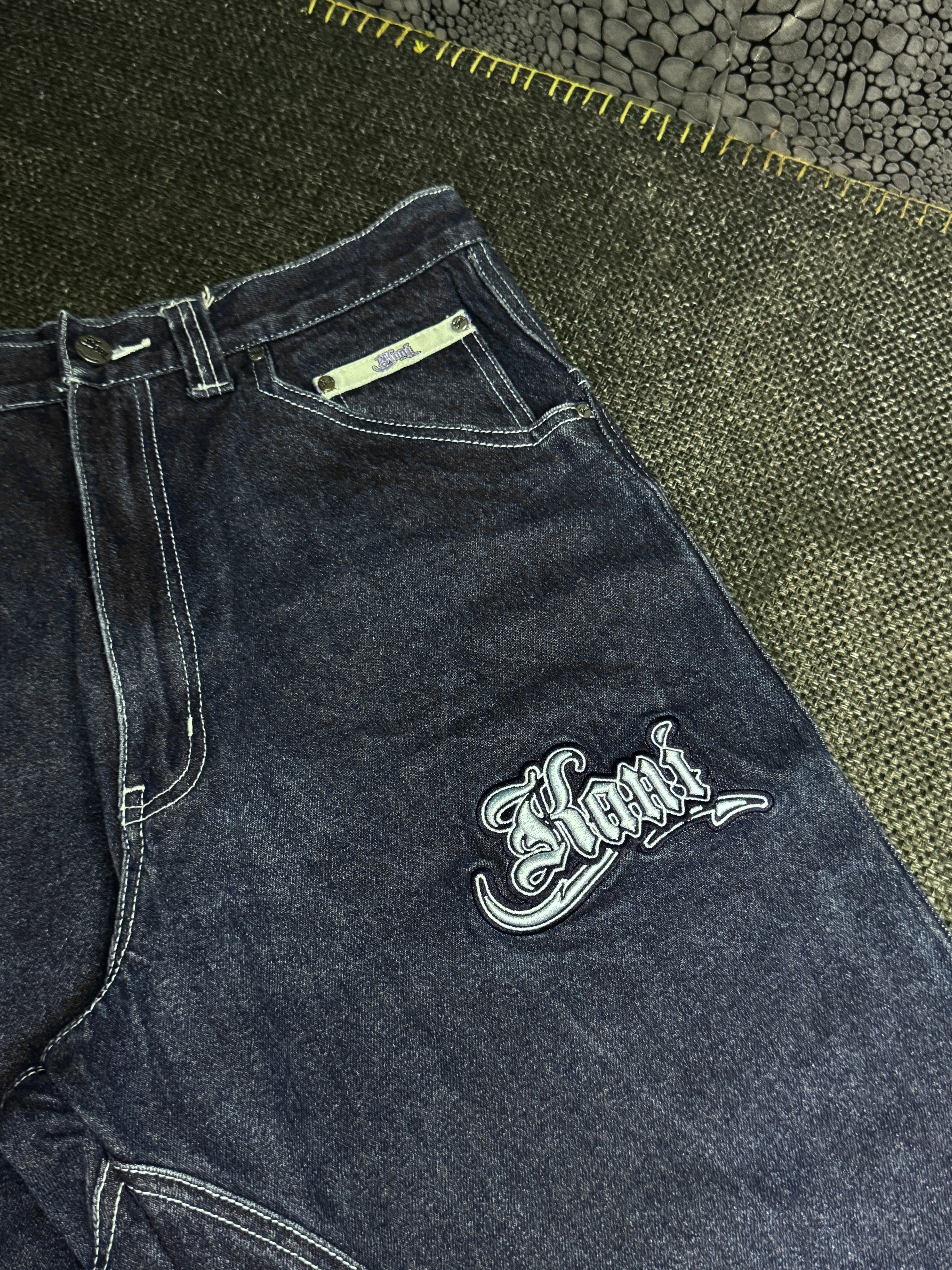 [V0758de] Vintage y2k Karl Kani marineblaue baggy jeans shorts (Street Lyrics - Original Citywear)