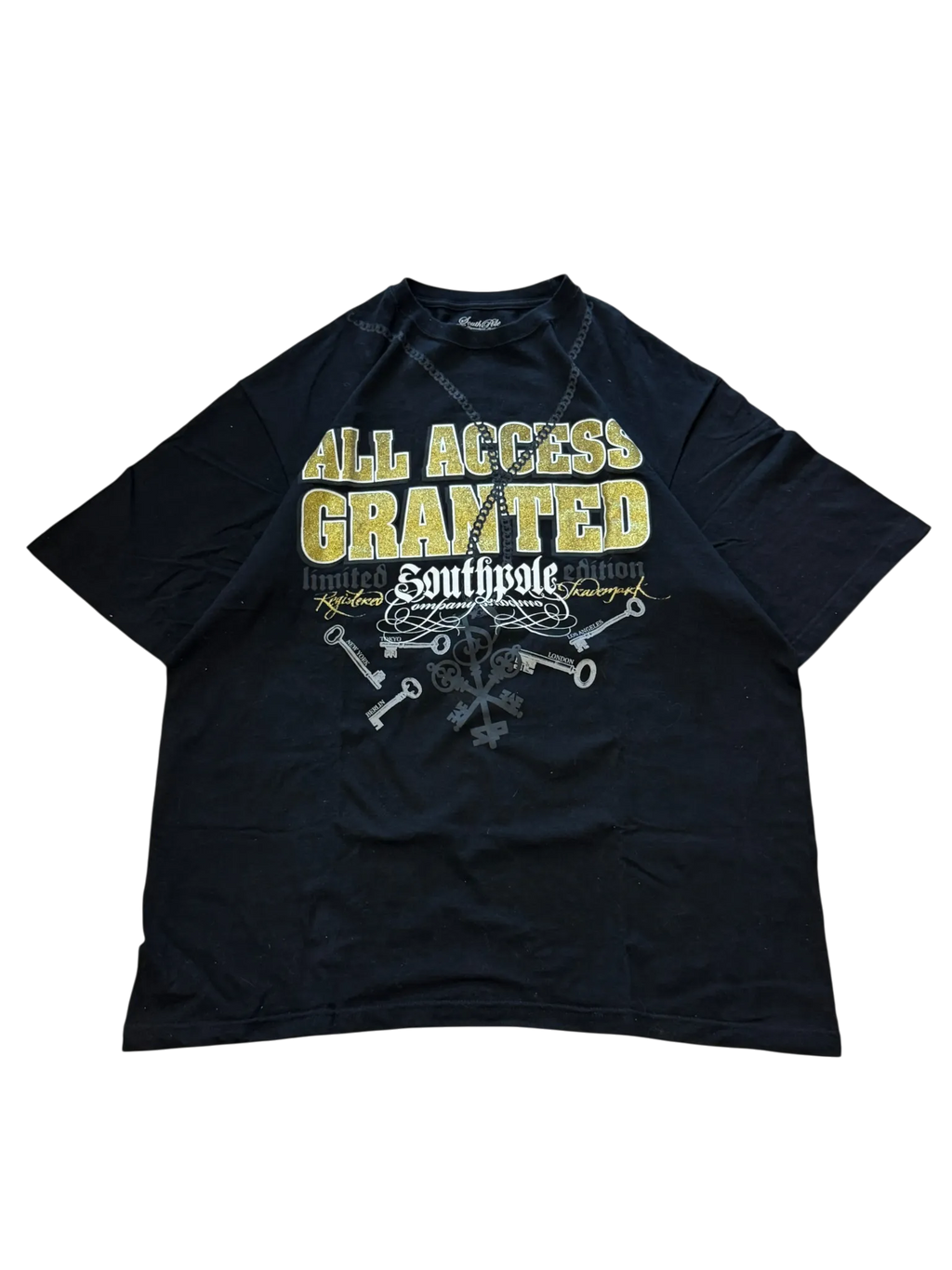 [V0752de] Vintage y2k Southpole schwarz goldenes T-Shirt (All Access Granted)
