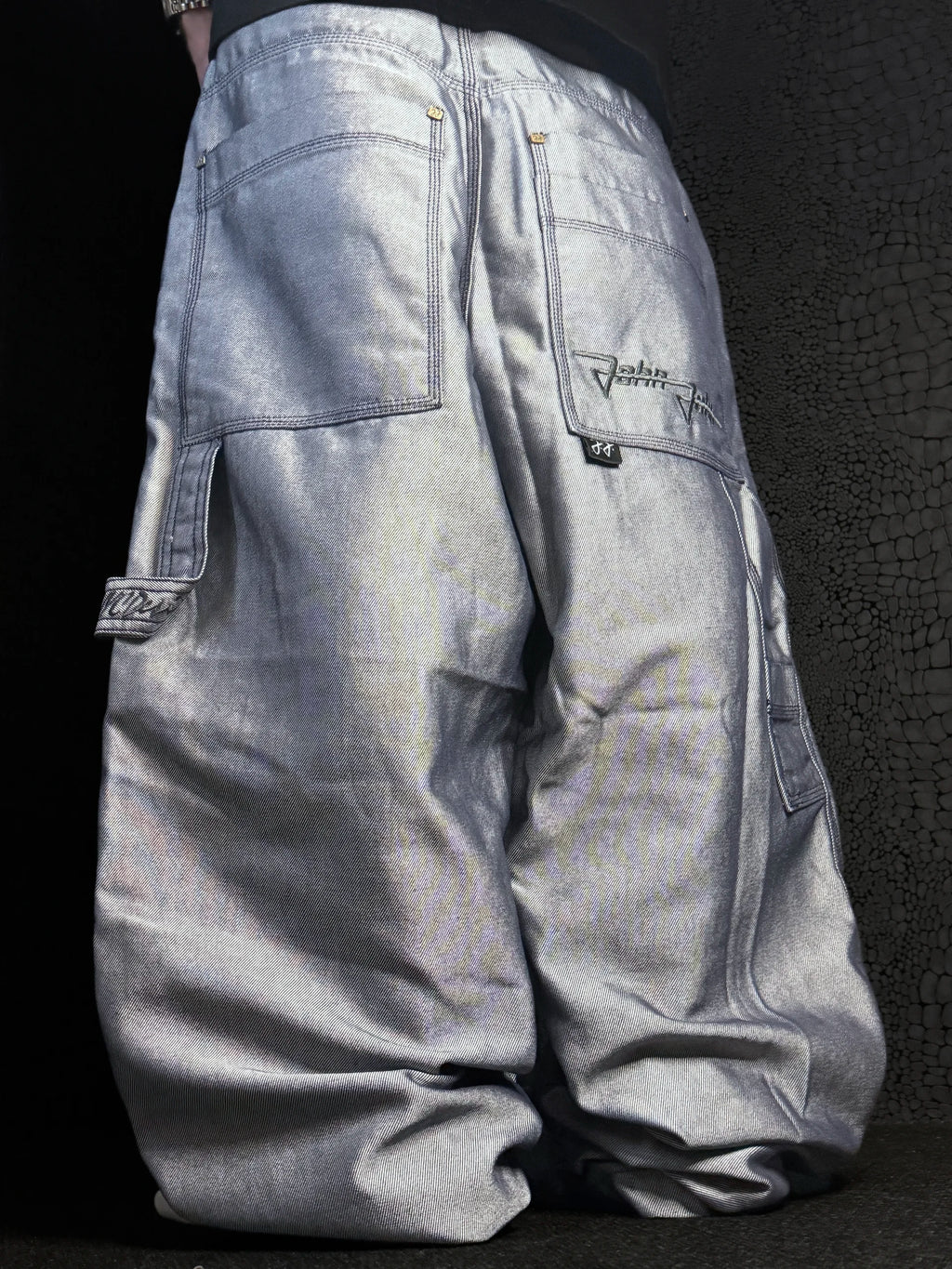 [V1076de] Vintage y2k John John silberne baggy jeans (Shiny)