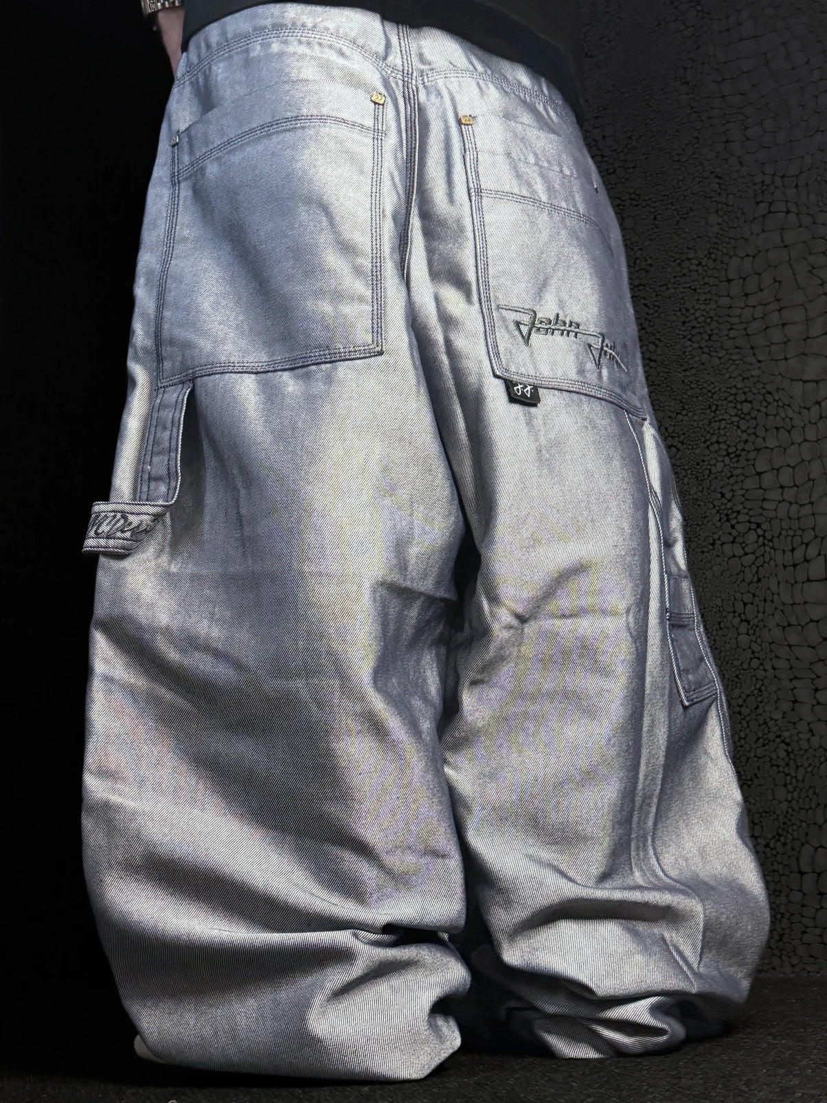 [V1076de] Vintage y2k John John silberne baggy jeans (Shiny)