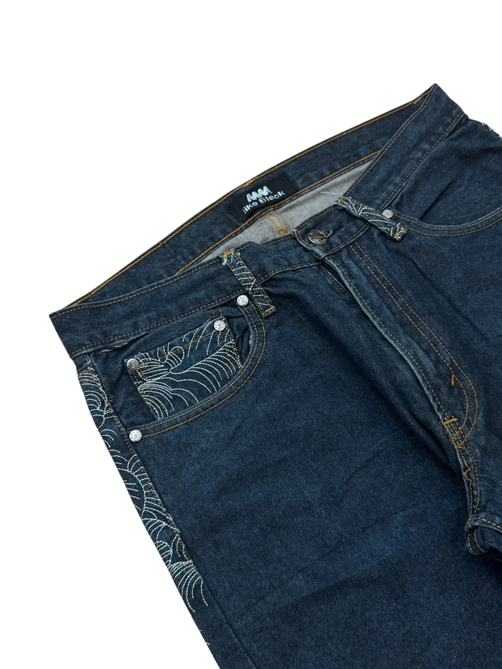 MM like black baggy jeans, dark indigo denim – tonal wave pattern with white stars across the yoke and back pockets – further detail shot (4 of 4) – vintage Y2K, size W32 / M, ships from Germany / Versand aus Deutschland